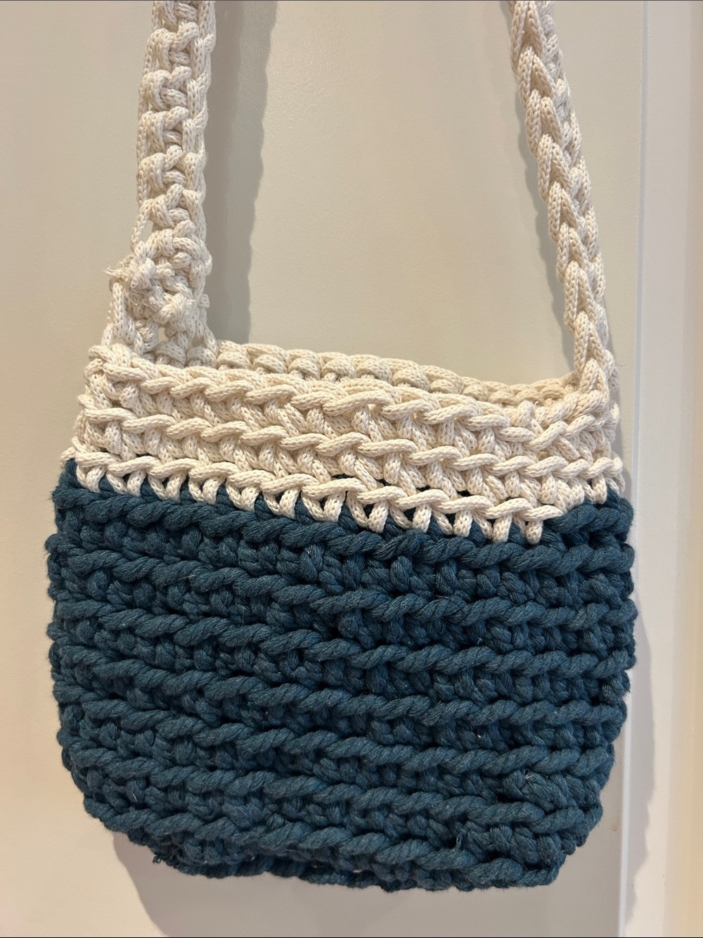 Handmade Two-Tone Crochet Shoulder Bag - Cream and Teal